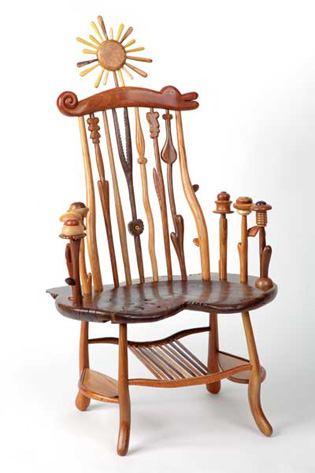 Work the Soil, 2010, claro walnut, cherry, mahogany, figured maple, zebrawood, 51 x 29 1/2 x 23". Photo: Brad Stanton