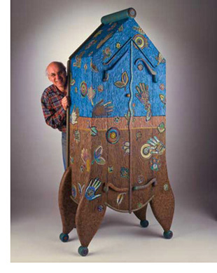 Tommy Simpson with Touching Blue-Touching Brown, 1997, carved and painted wood armoire, 80 x 39 x 18". Photo: Bill Seitz