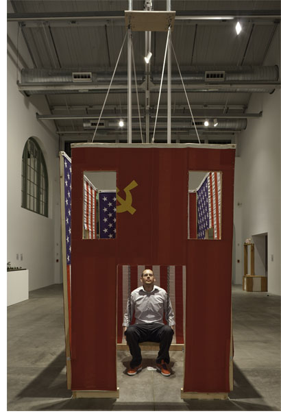 Vito Acconci, Instant House, 1980, flags, wood, springs, ropes, and pulleys, 96 x 60 x 60".