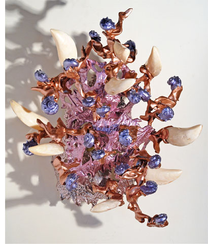 Richard Van Buren, Slinger, 2010, thermoplastic, acrylic paint, and shells, 24 x 21 x16".