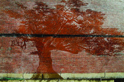 Adam Niklewicz, The Charter Oak (A Water-Activated Public Mural), 2012, brick wall, sealant, water, 30' x 45', Rust-Oleum treated brick, water  Installation view Hartford, CT Photo: Erika VanNatta