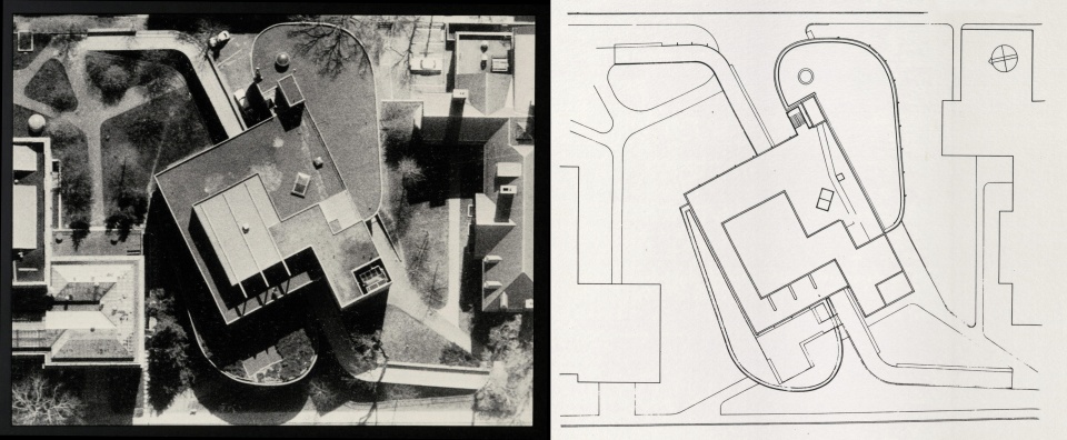 Photography by Aerial Photographs of New England. Right: Carpenter Center for the Visual Arts, Fifth Floor Plan, Architect: Le Corbusier.