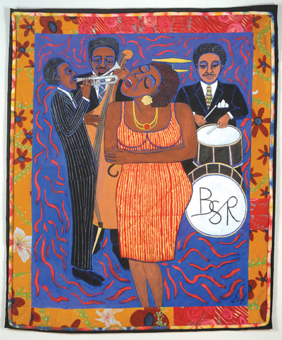 Faith Ringgold Jazz Stories Mama Can Sing Papa Can Blow 4 2004 Acrylic on canvas w pieced fabric boarder Loan from ACA Gallery NYC