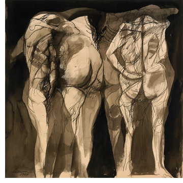 Rico Lebrun, Untitled (Three figures), 1960, ink wash on paper. 18 × 18½". Private collection. 