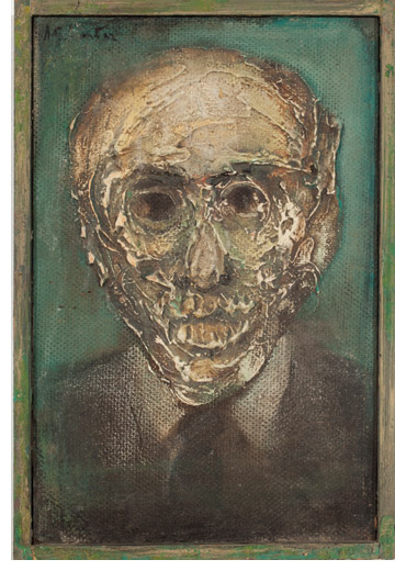 Henry Schwartz, Schoenberg Decomposes, 1962, acrylic paste and oil on board, 12 x 8". Photo: Bill Kipp. Courtesy of Gallery NAGA.