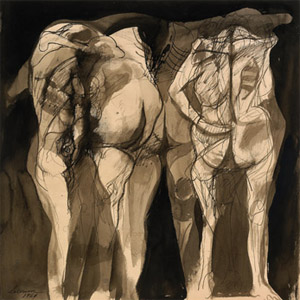Rico Lebrun, Untitled (Three figures), 1960, ink wash on paper. 18 × 18½". Private collection.