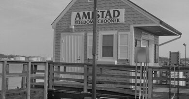 William Earle Williams, Amistad Pier, New London, Connecticut, 2024, silver gelatin print, 7 x 7". Courtesy of the artist. At Florence Griswold Museum