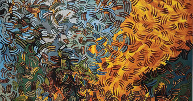 Trish MacDonald, Conflagrate, 2012, oil on canvas, 40 x 40". At SONO Arts at Norwood Space Center.