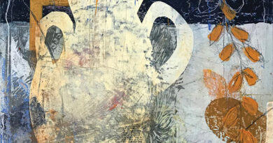Christiane Corcelle, Egyptian Dream, mixed media, 14 x 14". At Three Stones Gallery.
