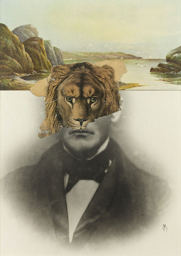 Varujan Boghosian, Self-Portrait as a Lion, 2006, Framed Collage. At Armenian Museum of America.
