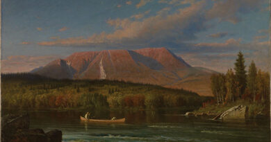Virgil Williams, Mount Katahdin from the West Branch of the Penobscot, 1870, oil on canvas, 26¼ × 40" (66.7 x 101.6 cm). The Lunder Collection, 001.2008. Photo: Peter Siegel, Pillar Digital Imaging LLC. At Colby College Museum of Art.