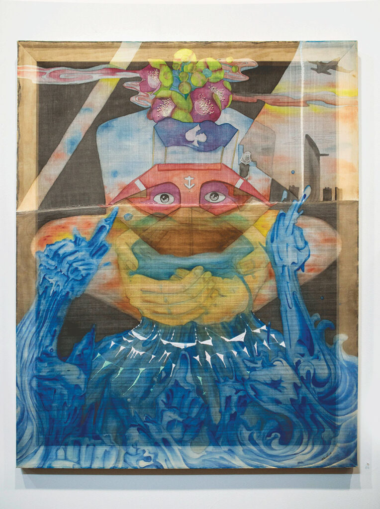 John Vo, Swim Good, 2016, watercolor and embroidery on a Vietnamese silk and Cone denim applique, 60 x 48".