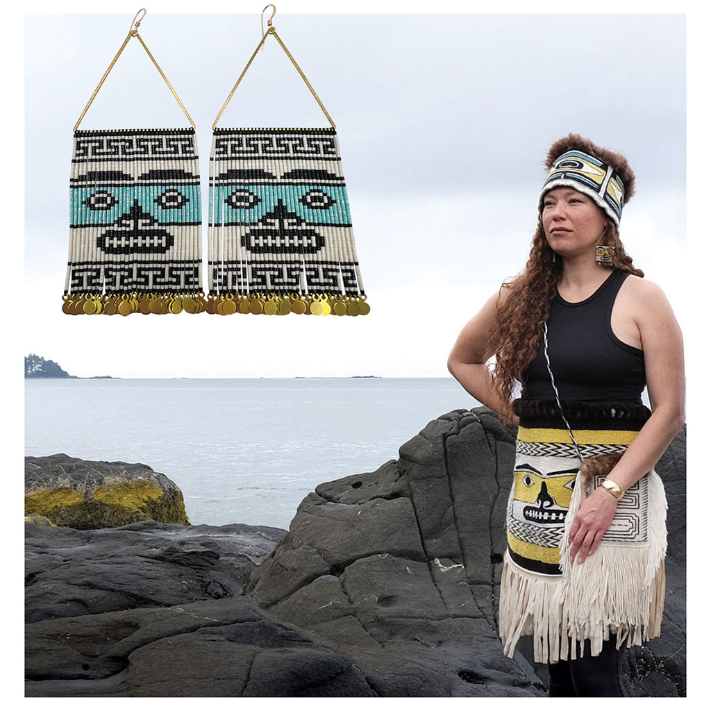 Tiffany Vanderhoop standing in front of  Taaw Hill in Masset, BC wearing a woven Naaxiin headdress made by her sister Carrie Anne Vanderhoop, and a Ceremonial Naaxiin dance apron made by herself. Vanderhoop also wove the Raven’s Tail bag she is wearing. The earrings are Naaxiin Face’s with a geometric Raven’s Tail border. Photo: Grace Jones.