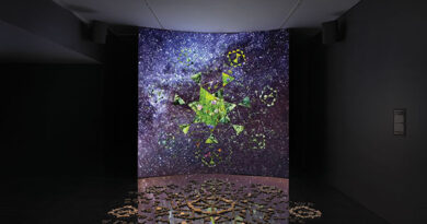 Kite, Wičháhˇpi Wóihaŋbleya (Dreamlike Star), 2024, multimedia environment with video, sound, stones, mirror; 21:16 min. Installation view. Courtesy the artist. Photo: Dario Lasagni. At MIT List Visual Arts Center.
