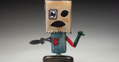 Peter Muller, Mr. Funny/Mr. Slap, 2025, glass sculpture, based on a drawing by Israel Hicks, age eleven. At the Brattleboro Museum & Art Center.