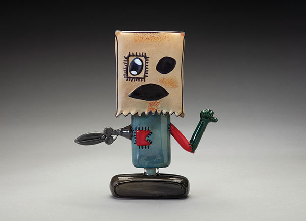 Peter Muller, Mr. Funny/Mr. Slap, 2025, glass sculpture, based on a drawing by Israel Hicks, age eleven. At the Brattleboro Museum & Art Center.
