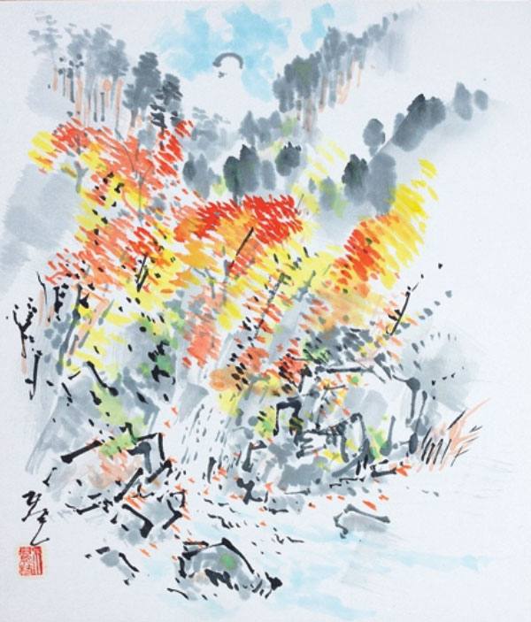 Sano Gofu (Japanese, 1886–1974), Red Fall Maple, c. 1960s, watercolor. At Art Complex Museum.