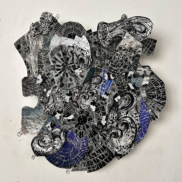 Phyllis Ewen, At the Source (detail), 2025, installation of seven parts, sculptural drawings with paint, puzzle pieces and acupuncture needles, dimensions variable. At Kingston Gallery.