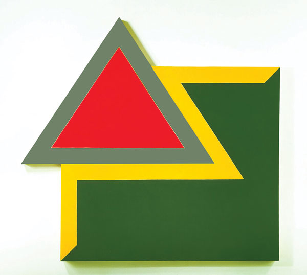 Frank Stella, Chocorua IV, 1966, fluorescent alkyd and epoxy painting on shaped canvas. Purchased through the Miriam H. and S. Sidney Stoneman Acquisition Fund, a gift from Judson and Carol Bemis, Class of 1976, and gifts from the Lathrop Fellows, in honor of Brian P. Kennedy, Director of the Hood Museum of Art, 2005-2010; 2010.50. At Hood Museum of Art.