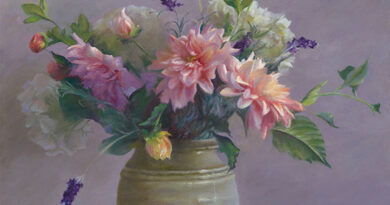 Jean Lightman, Dahlia Dance, oil on canvas, 18 x 27". At The Guild of Boston Artists.