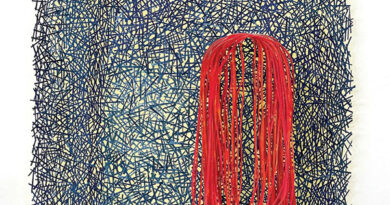 Barbara Owen, Cut Lines with Red Necklace, 2024, acrylic and ink on paper, wooden dowels. At ECOCA.