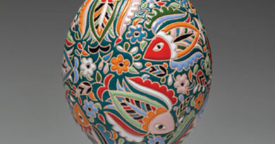 Rustem Skybin, Egg, 2024, clay and glaze, Kyiv region 6.5". At Fuller Craft Museum.