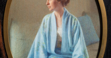 Lydia Longacre, The Blue Kimono, 1914, watercolor on ivory, 5¼ x 3¼". Gift of Mrs. Eleanor DelMar Revill. At Florence Griswold Museum.