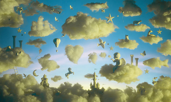 Walter Wick, Clouds from I SPY Fantasy, 2021, pigmented inkjet photograph, 30 x 50". New Britain Museum of American Art, Gift of Walter Wick and Linda Cheverton Wick © 2021 Walter Wick. Exhibition organized by New Britain Museum of American Art. At Norman Rockwell Museum.