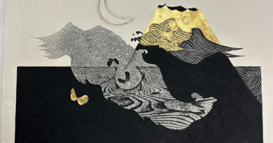 Iwami Reika, Water Goes Well with Fuji (artist proof), 1995, woodcut. Courtesy of College Women’s Association of Japan. At Highfield Hall & Gardens.