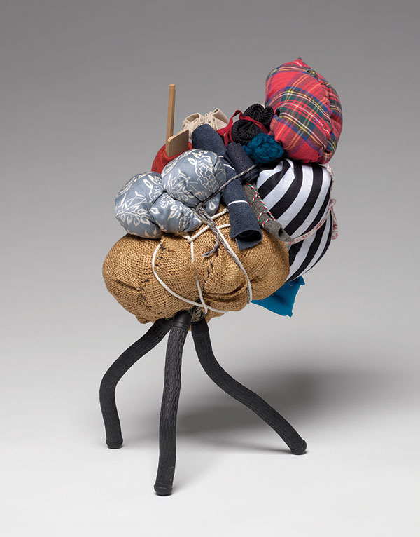 Laura Evans, Staggering, 2025, mixed media, 18 x 13 x 12". Photo: Julia Featheringill. At Boston Sculptors Gallery.