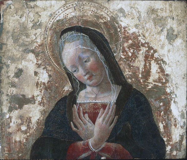 Antonio Cicognara, Fragment of the Virgin Mary from an Adoration or Annunciation (detail), about 1480, tempera and gold leaf on a gesso ground on a wood panel. Bequest of the John T. Dallas Estate; P.962.30. At Hood Museum of Art, Dartmouth.