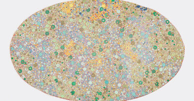 Howardena Pindell, Cosmos (#112), 2022, handmade abaca paper with embedded letterpress printed, punched, and intaglio printed paper dots. Courtesy of Garth Greenan Gallery, NY. At Brattleboro Museum & Art Center.
