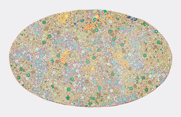 Howardena Pindell, Cosmos (#112), 2022, handmade abaca paper with embedded letterpress printed, punched, and intaglio printed paper dots. Courtesy of Garth Greenan Gallery, NY. At Brattleboro Museum & Art Center.