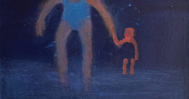 Katherine Bradford, Cold Plunge, 2025, oil on canvas, 20 x 16". At Concord Art.
