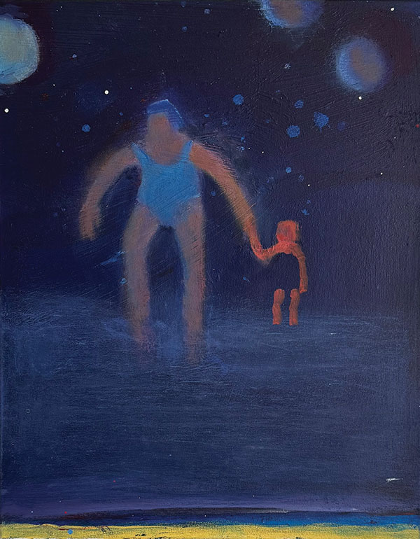 Katherine Bradford, Cold Plunge, 2025, oil on canvas, 20 x 16". At Concord Art.
