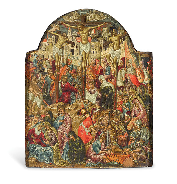 Crucifixion, attributed to Georgios Klontzas, panel from a triptych, 16th Century, egg tempera on wood. Crete. At Icon Museum and Study Center.