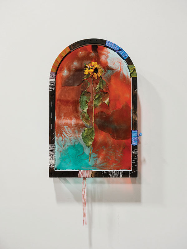 Lydia Kern, Double Sorrow Double Joy, 2023, mixed media. At Burlington City Arts.