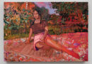 Gisela McDaniel, Na'rosa, 2025, oil on panel, seed bead, garment (sea glass) and jewelry made by subject-collaborator, pearl, shell from Guahan and Hawai’i, 119.4 x 152.4 x 14 cm, 47 x 60 x 5½". Courtesy of the artist and Pilar Corrias, London. Photo: Nicholas Knight. © Gisela McDaniel. At Ogunquit Museum of American Art.