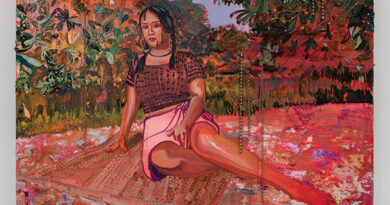 Gisela McDaniel, Na'rosa, 2025, oil on panel, seed bead, garment (sea glass) and jewelry made by subject-collaborator, pearl, shell from Guahan and Hawai’i, 119.4 x 152.4 x 14 cm, 47 x 60 x 5½". Courtesy of the artist and Pilar Corrias, London. Photo: Nicholas Knight. © Gisela McDaniel. At Ogunquit Museum of American Art.