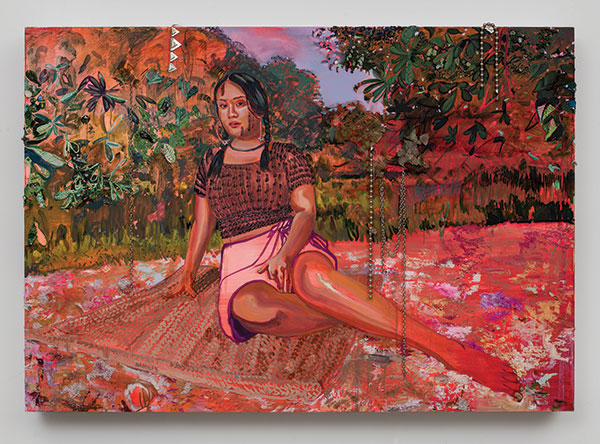 Gisela McDaniel, Na'rosa, 2025, oil on panel, seed bead, garment (sea glass) and jewelry made by subject-collaborator, pearl, shell from Guahan and 
Hawai’i, 119.4 x 152.4 x 14 cm, 47 x 60 x 5½". Courtesy of the artist and Pilar Corrias, London. Photo: Nicholas Knight. © Gisela McDaniel. At Ogunquit Museum of American Art.