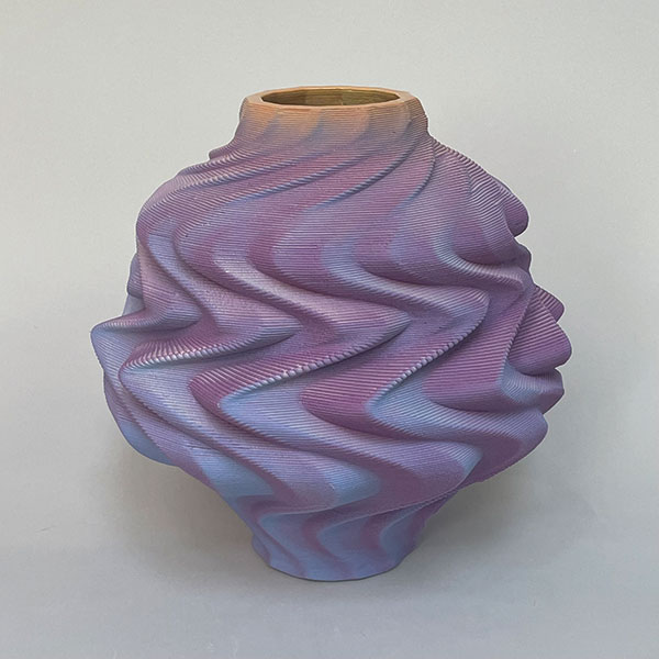 Ellen Schön, Crinkle Vase, 2025, 3D printed stoneware, 8.5 x 8.5 x 8.5". At Boston Sculptors Gallery.