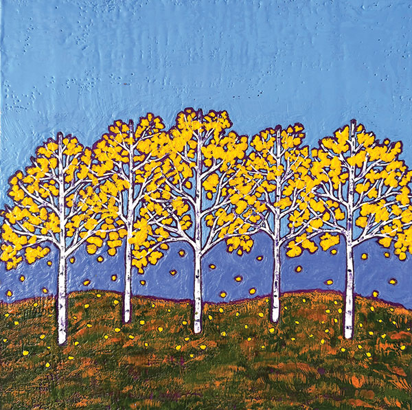 Marcia Crumley, Radiant, 2025, encaustic on panel, 16 x 16". At Blue Door Gallery.